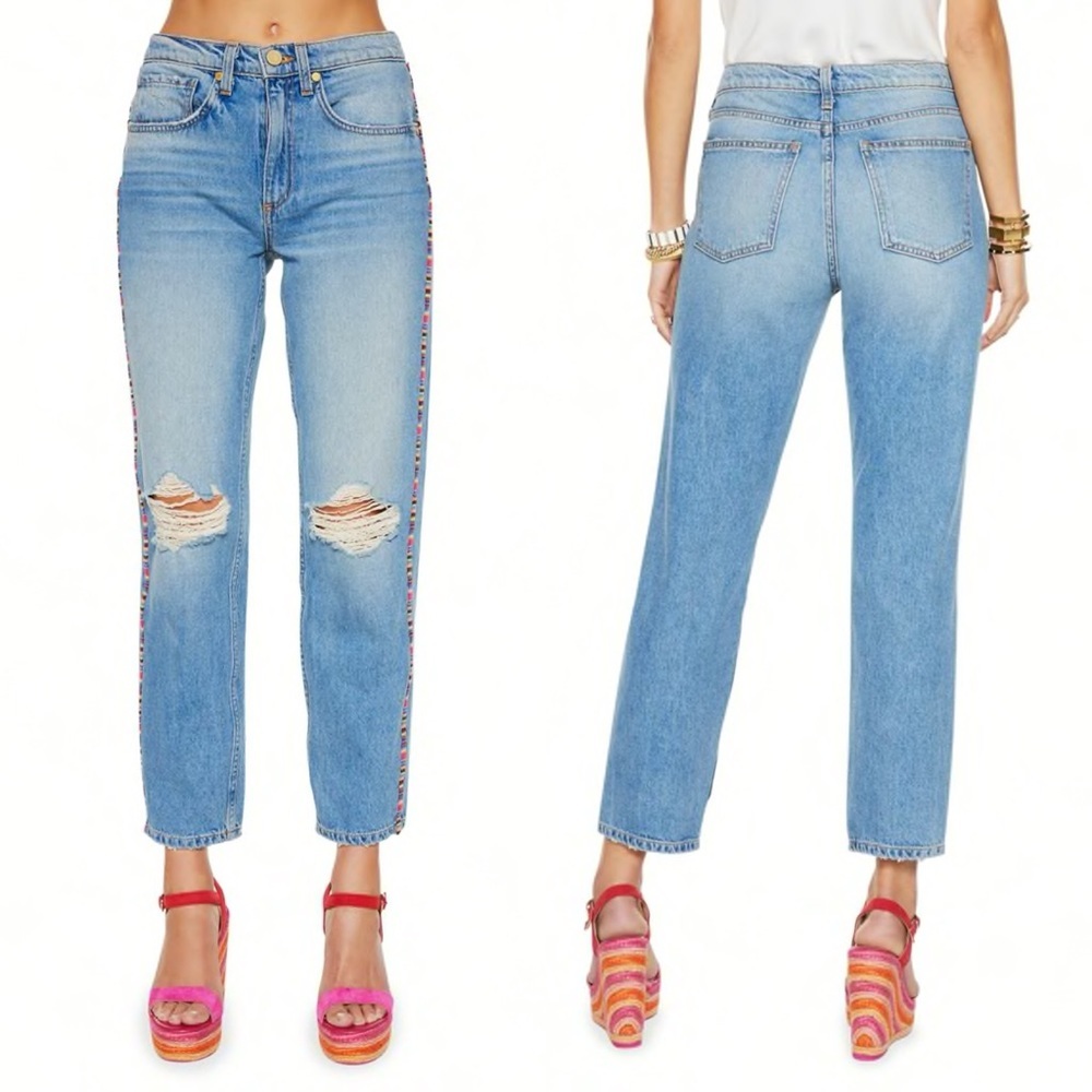 Ramy Brook Rosie Boyfriend Jeans Embroidered‎ Stripe Size 25 Boho Distress Denim - Picture 2 of 16